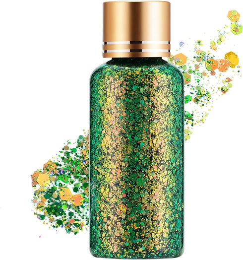 Holographic Body Glitter Gel for Face and Body, Waterproof Quick Dry Liquid Chunky Green Glitter