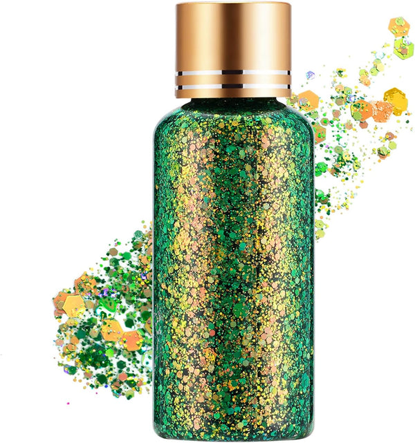 Holographic Body Glitter Gel for Face and Body, Waterproof Quick Dry Liquid Chunky Green Glitter