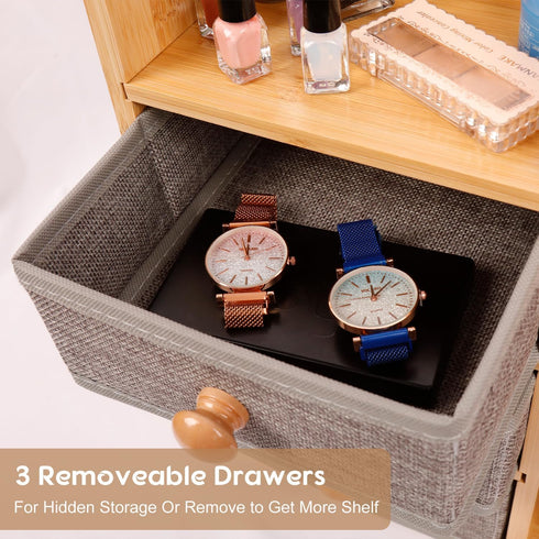 Makeup Organizer Countertop, Elegant Bamboo Cosmetic Skincare Organizers with 3 Makeup Brush Holders, 3 Drawers