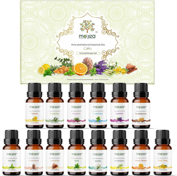 MO'JIZA Pure Aromatherapy Essential Oils Gift Set, 14 Oils-Jasmine, Lemon, Basil, Ylang