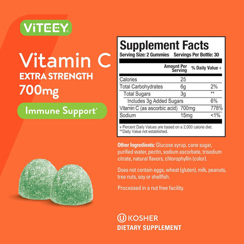 Gummies 700mg Immune 120 Count Viteey Chewable Vitamin C for Adults - Extra Strength Support Supplement - Vegan, Gluten