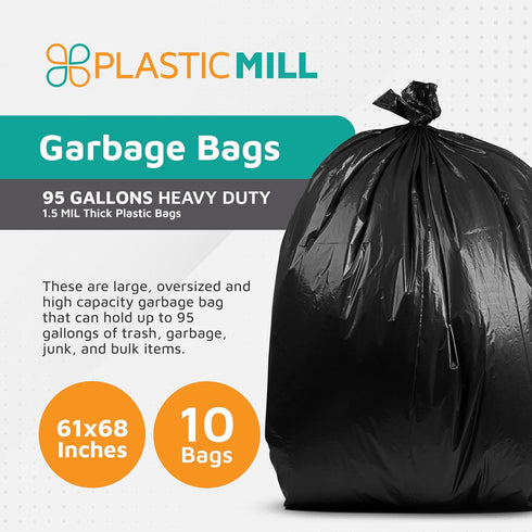 PlasticMill 95-Gallon 1.5 61"x68" (10-Count) Heavy Duty Trash Bags - Black Garbage Bags - Plastic Trash Bags for Large