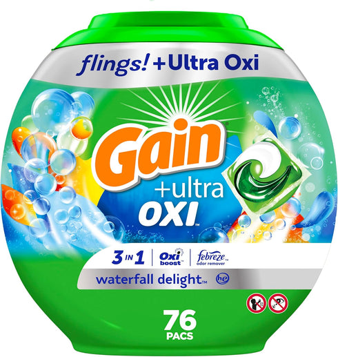 Gain flings Ultra Oxi Laundry Detergent Pacs, 3-in-1 HE Compatible, Waterfall Delight Scent, 76 Count