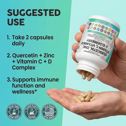 Immune 60 Q Defend Quercetin Supplement with Zinc Vitamin C Vitamin D Elderberry Turmeric Black Pepper Garlic Ginger