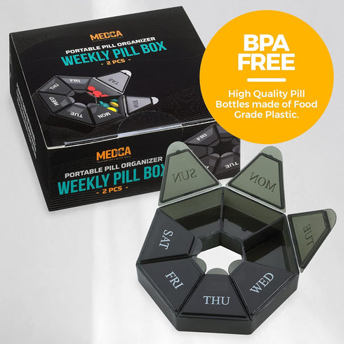 Weekly Pill Organizer - 2 Pack 7-Day Pill Container, Arthritis Friendly Portable & Compact Travel Case for Supplements,
