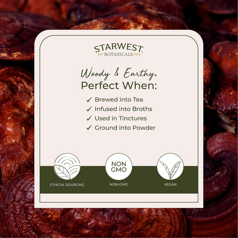 Starwest Botanicals Red Reishi Mushrooms Whole Organic, Dried Reishi Mushrooms for Herbal Tea, 4 oz Pouch