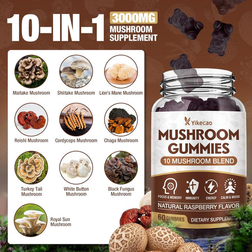 Yikecao Gummies 10 60 Count Mushroom for Adults, Blend Mushroom Supplement with Lions Mane, Cordyceps, Reishi, Chaga
