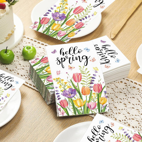 Jingmore 100 Summer Pcs Spring Paper Guest Towels Floral Tulip Disposable Bathroom Hand Towels Decorative Butterfly