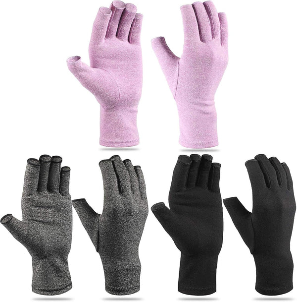 3 Pairs Compression Craft Arthritis Gloves, Fingerless Pressure Relief for Quilting, Sewing, Typing (Black, Gray,
