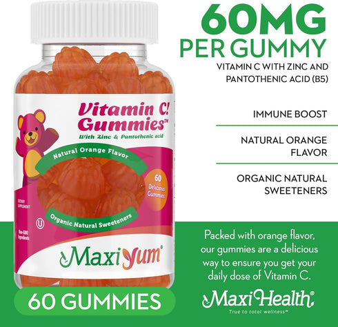Vitamin C Gummies with Zinc - Maxi-Health Vitamin C with Zinc for Children and Adults - Respiratory Support and Immune Booster - No Preservatives and Artificial Flavors - 60 Fruit Shaped Gummies