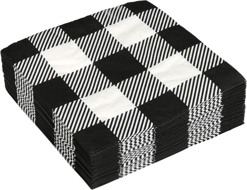 Iconikal 75-Count Black Gingham Disposable Paper Party Napkins - White Buffalo Plaid, Dinner Size