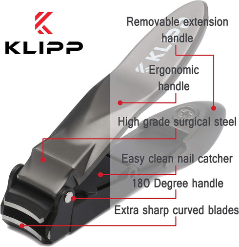 KLIPP Nail Clippers for Men with Catcher - Heavy Duty Self-Collecting Nail Cutters, Includes Ziplock Pouch