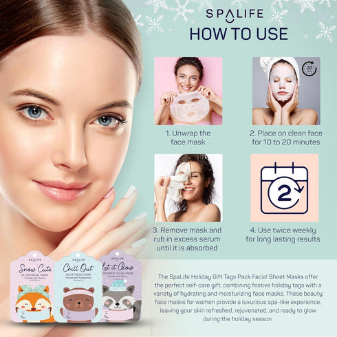 SpaLife Holiday Gift Tags Pack Facial Sheet Masks, Hydrating & Moisturizing Variety Pack