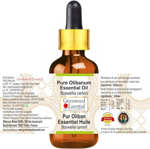 Pure Olibanum Essential Oil (Boswellia carterii) with Glass Dropper, Steam Distilled 15ml (0.50 oz)
