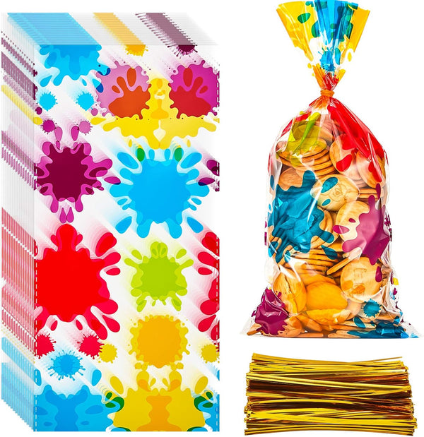 50 Pieces Artist Party Cello Bags, Colorful Paint Cellophane Bags for Birthday Party Baby Shower Decorations