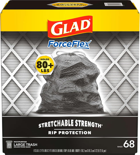 Glad Trash Bags - ForceFlex Large Garbage Bags, 30 Gallon Black Trash Bag, 68 Count (Package May Vary)