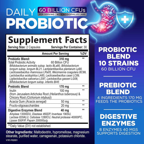 Daily Probiotics and Prebiotics 60 Billion CFU - 10 Strains + 4 Prebiotics, Supports Gut Health, Constipation, Gas & Bloating, Digestive Nutritional Probiotic Supplement for Women & Men, 60 Capsules