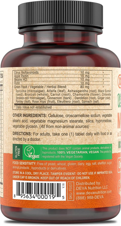 DEVA Vegan Multivitamin & Mineral Supplement, Iron-Free, High Potency, 100% Vegan, 90 Count