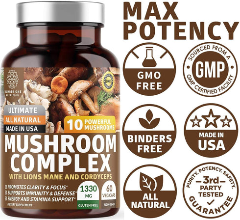 N1N Premium Mushroom Complex with Reishi, Lions Mane, Cordyceps, 60 Veg Caps for Health