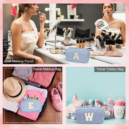 Makeup Bag for Women - Monogram Cute Initial Blue Makeup Bags, Cosmetic Toiletry Pouch, Personalized Birthday Gifts for