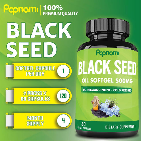 Premium Black Seed Oil Softgel Capsules, 2 Packs 60 Counts 500mg, 4 Month Supply for Immunity and Body Management
