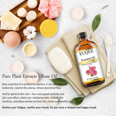 Rose Essential Oil 118mL, Premium Essential Oil with Glass Dropper for Diffuser, Soap & Candle Making, Aromatherapy