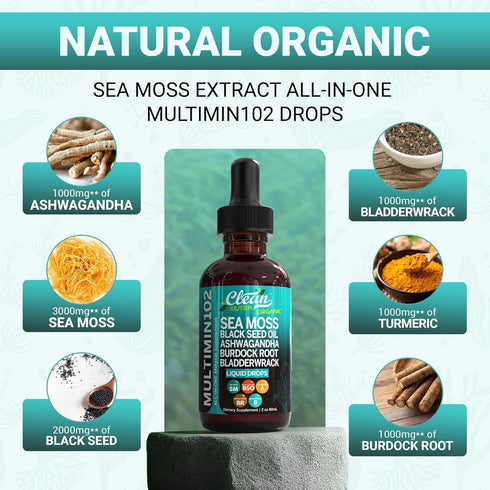 Clean Nutraceuticals Sea Moss Liquid Drops Supplement with Black Seed Oil Ashwagandha Burdock Root & Bladderwrack - Multimineral Organic Non-GMO Vegan for Gut Heath Skin Immune Support Hair