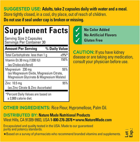 Nature Made Magnesium Complex with Vitamin D3 & Zinc, 60 Capsules, Muscle, Nerve, Heart & Bone Support