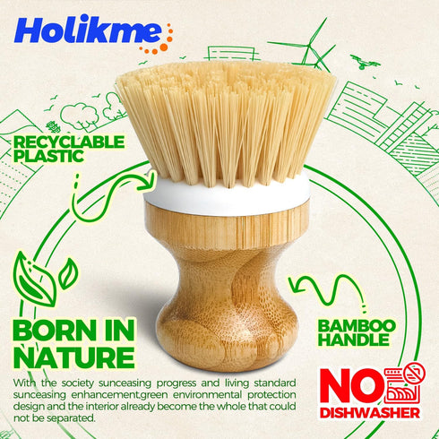 Holikme Bamboo Palm Brush Dish Brushes Vegetable Scrubber Round Natural Scrub Brush Cleaning Kit for Cleaning