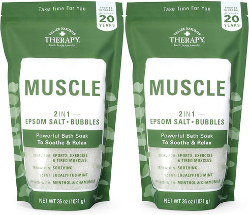 Village Naturals Therapy Muscle Foaming Epsom Soak, Eucalyptus Mint Scent, 36 oz, Pack of 2