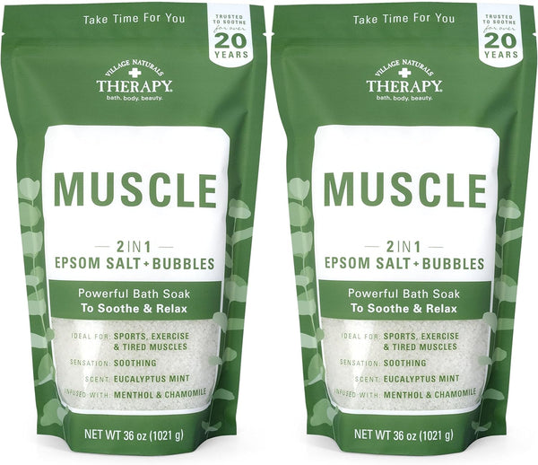 Village Naturals Therapy Muscle Foaming Epsom Soak, Eucalyptus Mint Scent, 36 oz, Pack of 2