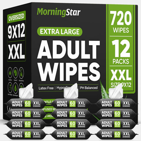 Morning Star Adult Wipes for Elderly - 720 Wipes 12 Packs Thick Extra Large