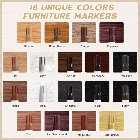 Furniture Markers Touch Up, 18 Colors Wood Markers Repair Kit with Wood Polish Wax for Scratches