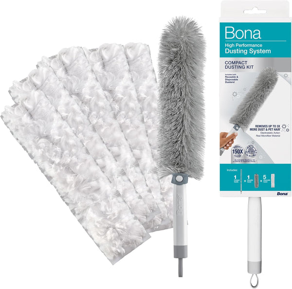 Bona High Performance Dusting System - 1 Compact Handle, 5 Disposable Dusters, & 1 Reusable Duster for Dust & Pet Hair