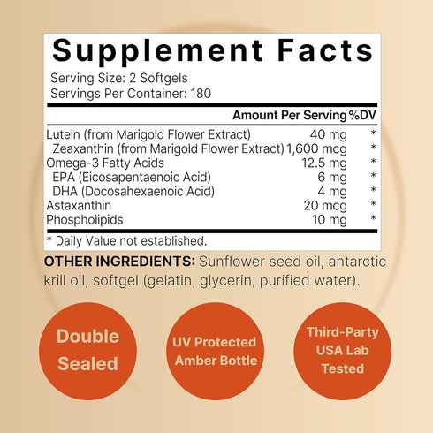 Lutein 40mg and Zeaxanthin 1,600mcg Per Serving, 360 Softgels | 4 in 1 with Omega-3s, Astaxanthin, & Phospholipids – Marigold Flower Extract – Eye Antioxidant Vitamins – Non-GMO