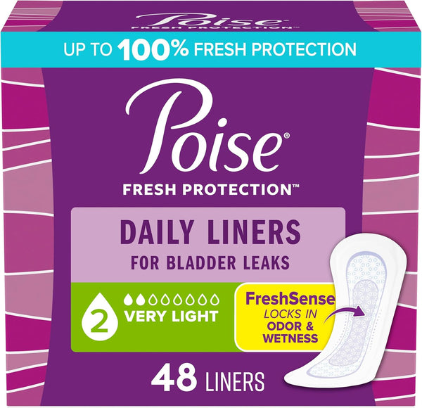 Poise Daily Liners, Incontinence Panty Liners, Regular Length, 48 Count, Very Light Absorbency