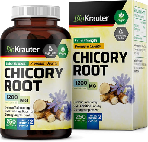BIO KRAUTER Chicory Fiber Supplement - 1200 mg Strength, 250 Count, Chicory Root Powder, Vegan Inulin Capsules