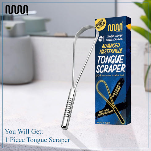 MasterMedi Tongue Scraper, 100% Stainless Steel, Bad Breath Treatment for Adults & Kids, Ergonomic Design for Oral Care
