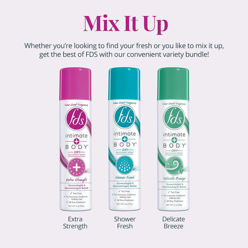 Pack, 2 3 Count FDS Intimate Deodorant Spray All Day Freshness Variety Shower Fresh and Delicate Breeze, Ounce Bottles
