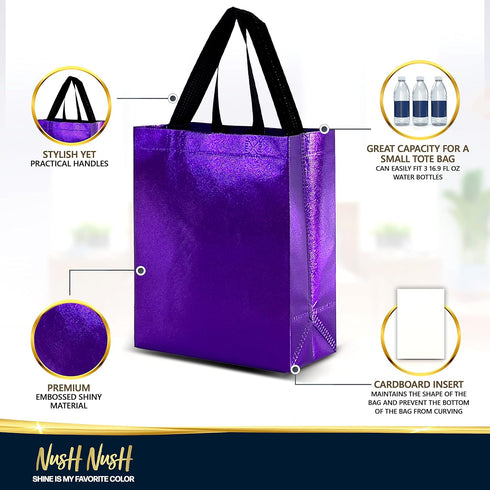 Nush Nush Purple Reusable Gift Bags, Medium Size Set of 12 with Handles, Birthday Party Favor Goody Bags
