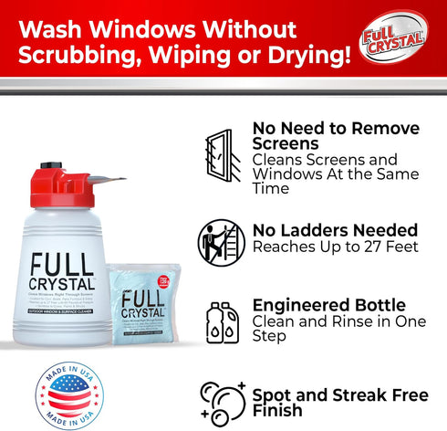 Full Crystal Window Cleaning Kit - 4 oz Glass Cleaner and 27ft Reach for Up to 20 Windows