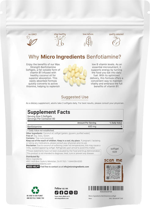 Micro Ingredients Vitamin B1 Benfotiamine 600mg, 240 Coconut Oil Softgels, Non-GMO, Soy Free Supplement