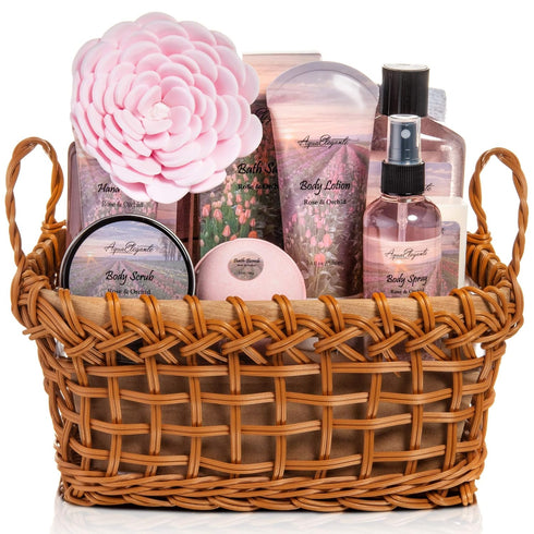 Spa Baskets for Women - Luxury Bath Set with Rose Oil & Orchid, Includes Wash, Bubble Bath, Lotion, Bath Salts, and More