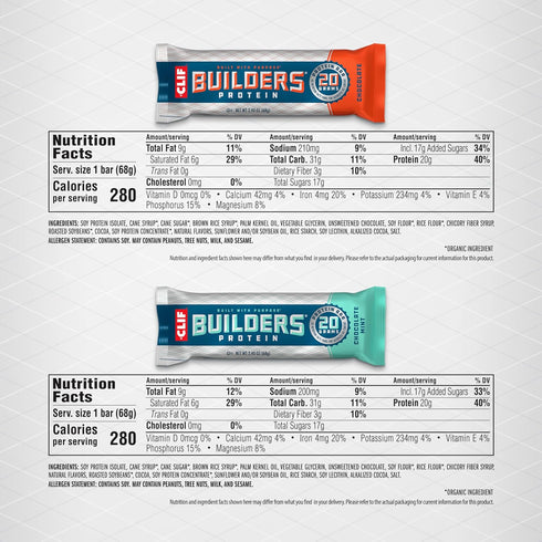 CLIF Builders Variety Pack - Chocolate Mint and Chocolate Flavor Plant Based Protein Bars, Gluten Free, 20g Protein
