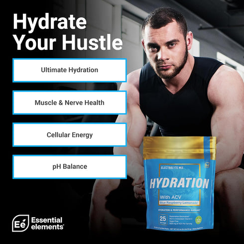 Essential Elements Hydration Packets - Blue Raspberry, Sugar Free Electrolytes Powder, 25 Stick Packs with ACV &