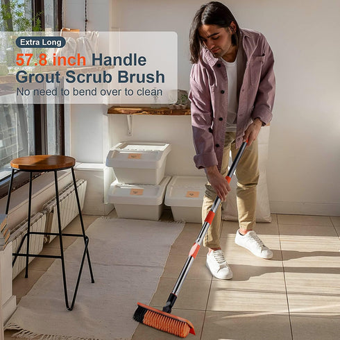 2 in 1 Floor Scrub Brush Grout Brush with 57.8" Long Handle, 120° Rotatable Shower Tile Grout Scrubber, Orange