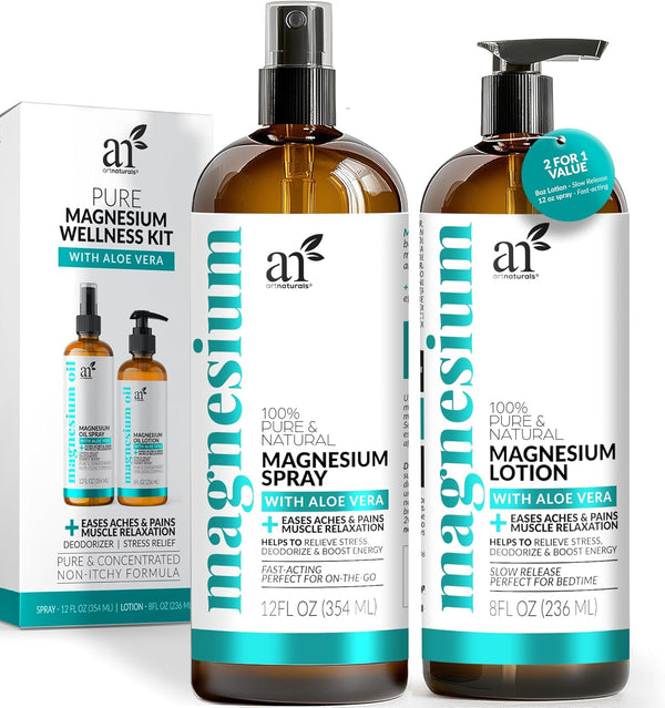ArtNaturals Magnesium Oil Spray 12 oz - Body Lotion Set 8oz for Soothing Relief & Relaxation