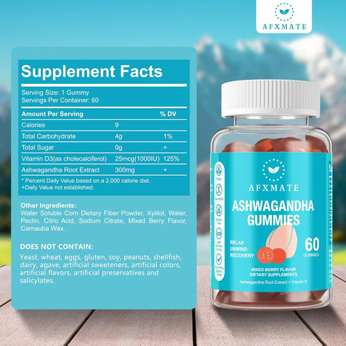 AFXMATE Ashwagandha Gummies & Vitamin D for Men & Women, 120 Count, Non-GMO, Sugar Free, Gluten Free