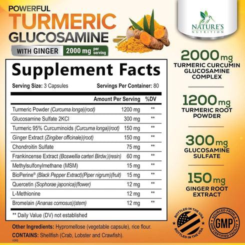 Turmeric Curcumin Supplement 2000mg with Glucosamine Chondroitin & Ginger, 240 Capsules for Joint Support