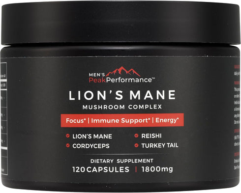 MEN'S PeakPerformance Mushroom Complex with Lions Mane, Reishi, Cordyceps, Turkey Tail, Nootropic Brain Supplement for
